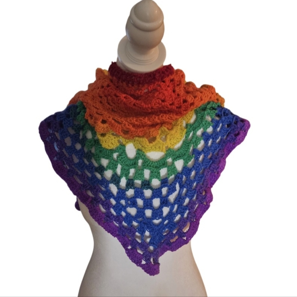 Rainbow Crochet Head Cover Bandana Prayer Wrap OOAK 14-in-1 Handmade Grannycore - Picture 14 of 17